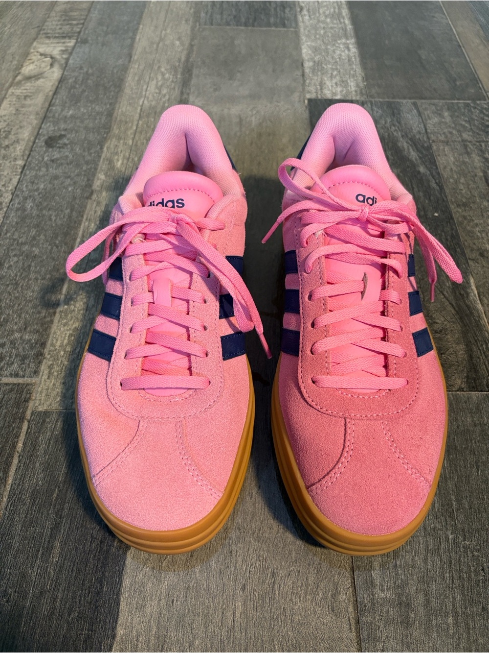 adidas Originals Pink Suede Sneakers with Navy Stripes and Gum Outsole - Picture 3 of 10